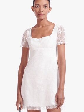 STAUD White Floral Lace Square-Neck Mini Dress